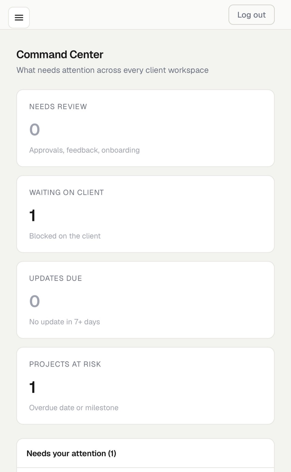 Client workflow interface shown on a mobile device