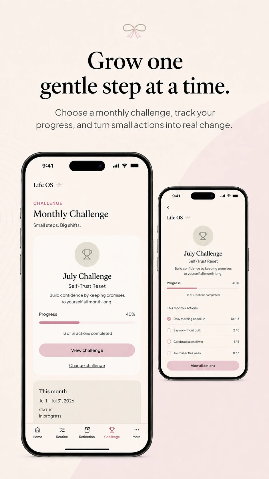 Private Life Operating System monthly challenge screen showing a progress bar and action list