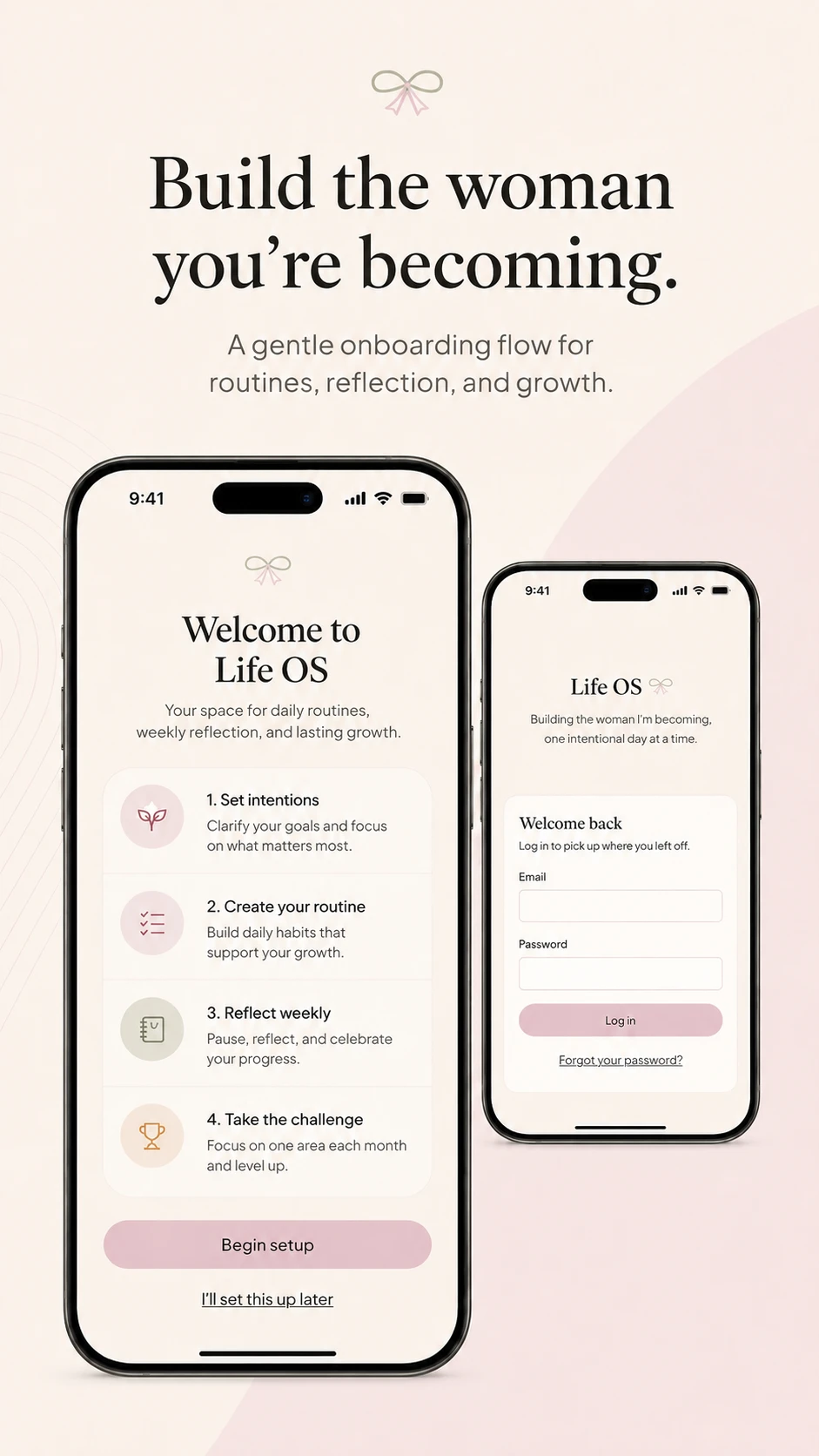 Private Life Operating System onboarding screens showing a welcome flow and login screen