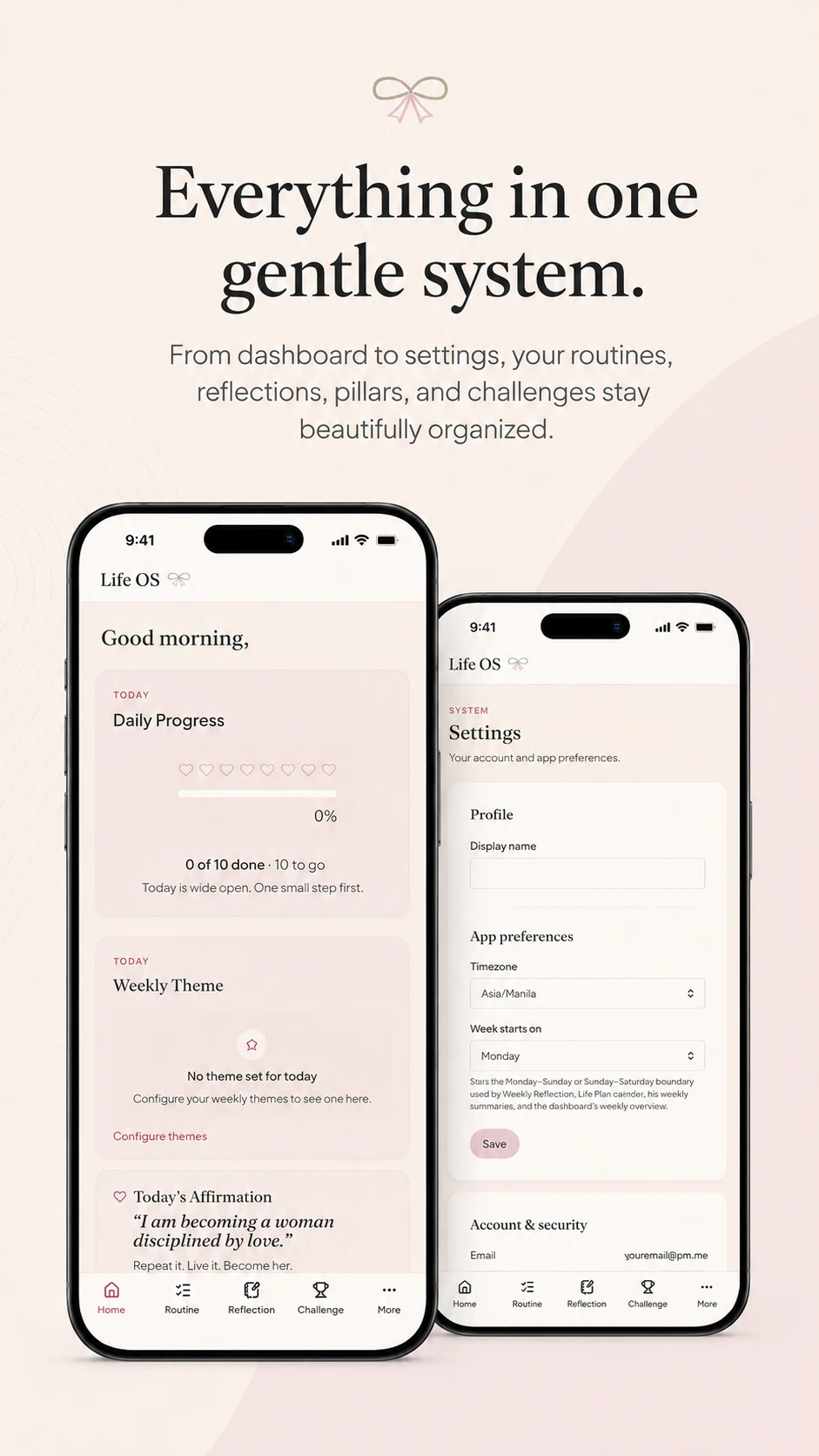 Private Life Operating System dashboard and settings screens showing daily progress and app preferences