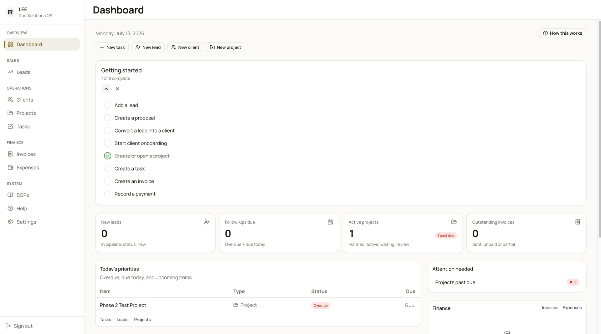 Rue Web OS operations dashboard on desktop