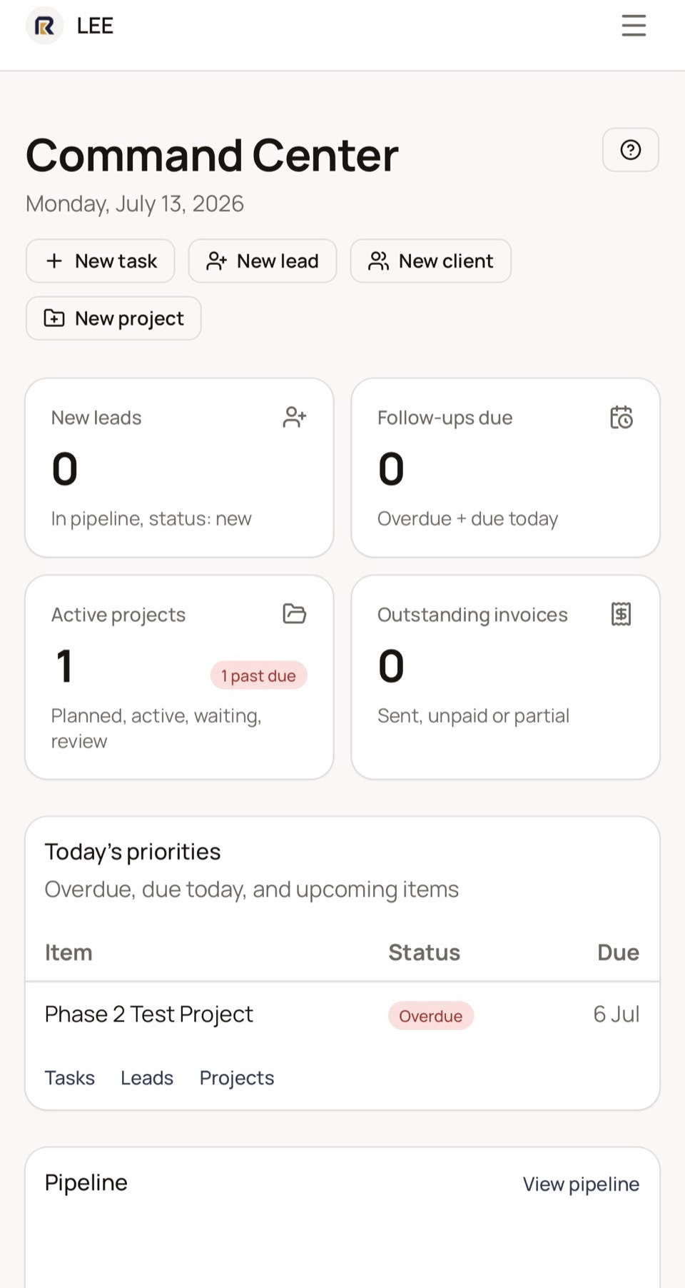 Rue Web OS mobile dashboard showing the Command Center summary tiles for New leads, Follow-ups due, Active projects, and Outstanding invoices, plus Today's priorities